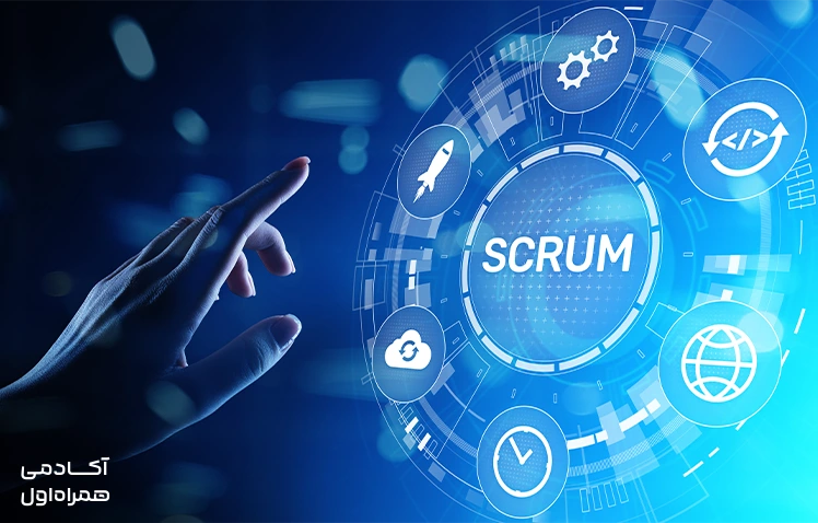 تصویر تزئینی که یک عبارت scrum در مرکز آن نوشته شده است.