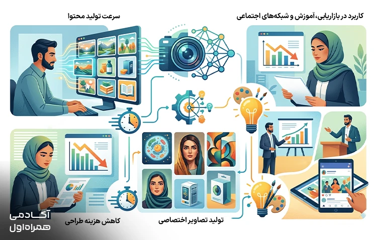 مزایای استفاده از هوش مصنوعی برای ساخت عکس شامل کاهش هزینه طراحی، افزایش سرعت تولید تصویر و ایجاد تصاویر خلاقانه بدون نیاز به مهارت گرافیکی.