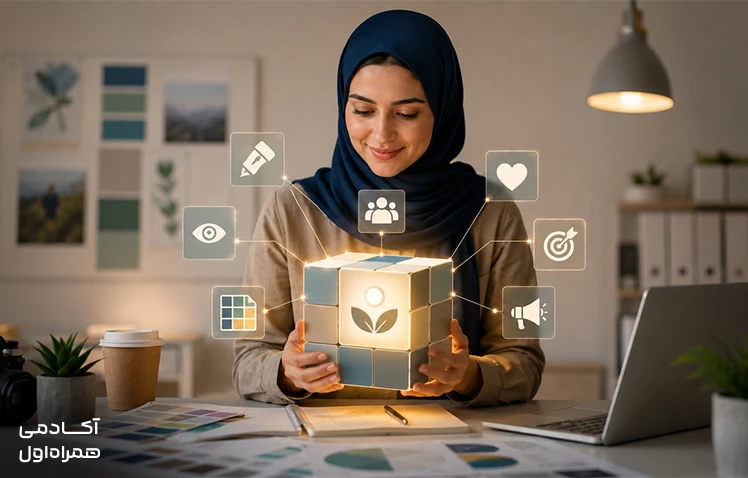 تصویر مفهومی از هویت برند و عناصر اصلی آن مانند ارزشهای برند، شخصیت برند، لوگو، رنگ سازمانی، تایپوگرافی و سایر اجزای Brand Identity که به ایجاد یک برند منسجم کمک میکنند.