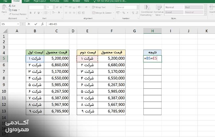 مقایسه ردیفها در اکسل با استفاده از فرمول برای بررسی اختلاف مقادیر بین دو مجموعه داده و پیدا کردن مغایرتها.