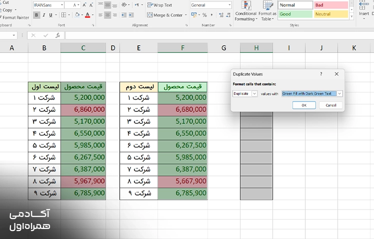 آموزش مغایرت گیری در اکسل با Conditional Formatting و انتخاب گزینه Duplicate برای شناسایی دادههای تکراری و پیدا کردن اختلاف بین اطلاعات در جدولها.