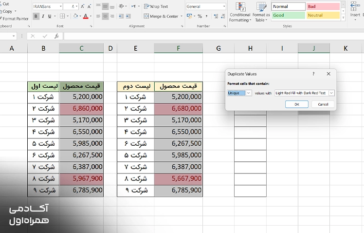 استفاده از Conditional Formatting در اکسل برای انتخاب مقادیر Unique و شناسایی دادههای غیرتکراری هنگام مغایرت گیری و مقایسه لیستها.