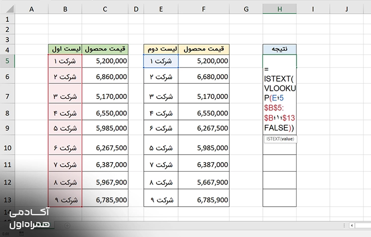 نمایش مرحله سوم استفاده از ISTEXT و VLOOKUP برای بررسی تطابق دادهها و انجام مغایرت گیری در فایلهای اکسل.