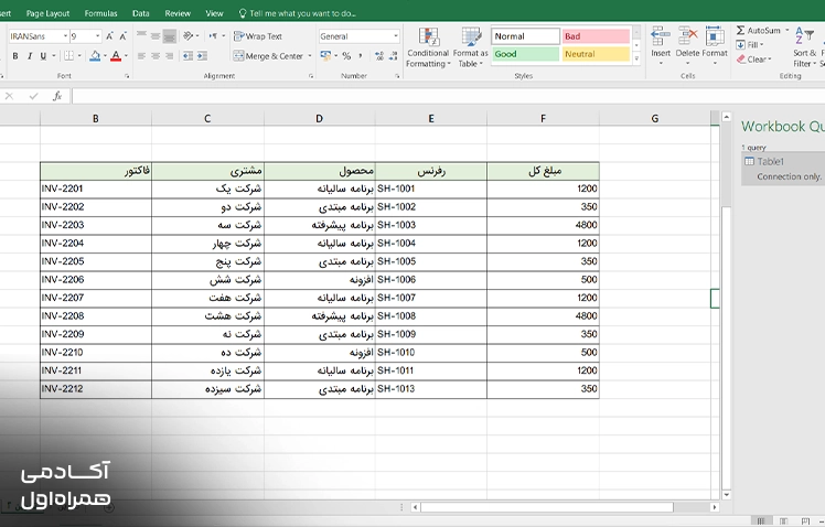 نمایش جدول فاکتور در Power Query اکسل برای پردازش دادههای مالی و بررسی اختلاف بین اطلاعات خرید و فروش.