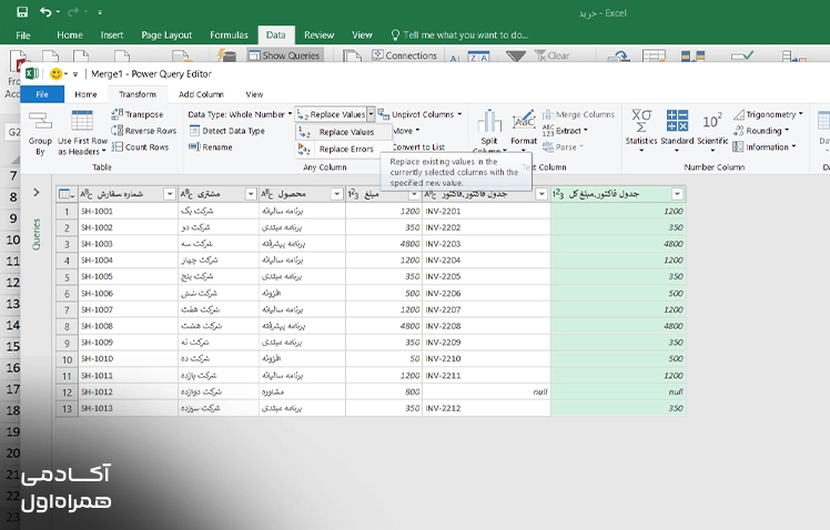 استفاده از Replace Value در Power Query برای اصلاح مقادیر دادهها و آمادهسازی فایل اکسل برای مقایسه دقیقتر اطلاعات.