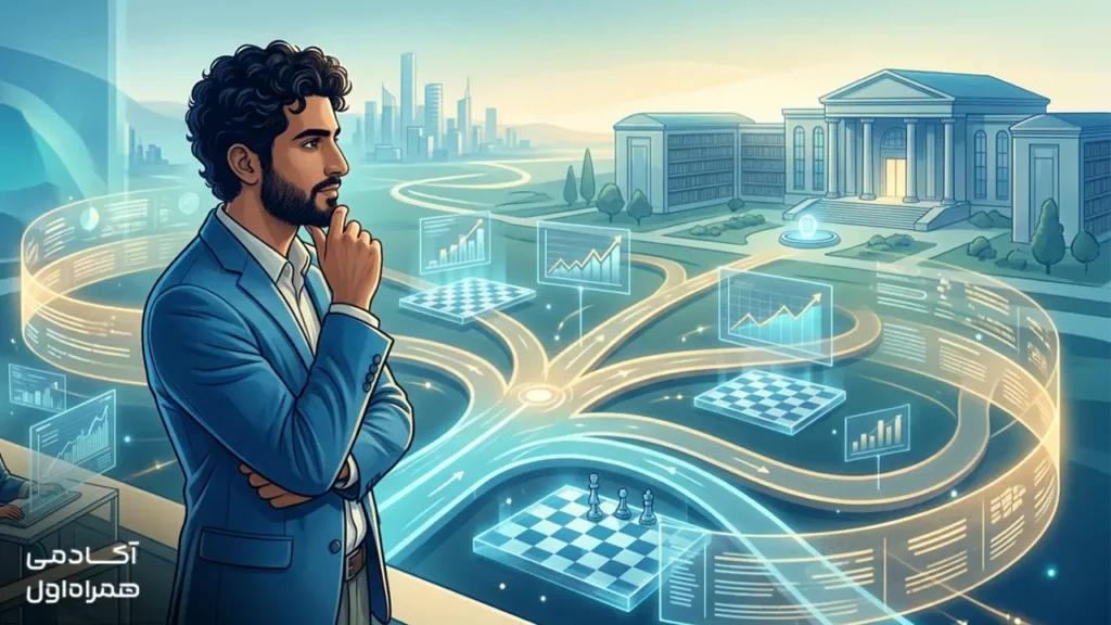 تصویر شاخص مقاله تفکر استراتژیک چیست که مفهوم Strategic Thinking، تحلیل آینده، تصمیم‌گیری هوشمندانه، نگاه کلان و برنامه‌ریزی برای رسیدن به اهداف را نمایش می‌دهد.