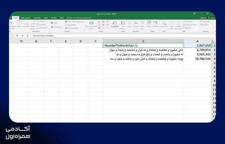 استفاده از فرمول برای تبدیل عدد به حروف در اکسل و نمایش روش تبدیل مقادیر عددی به متن نوشتاری با استفاده از فرمولهای کاربردی